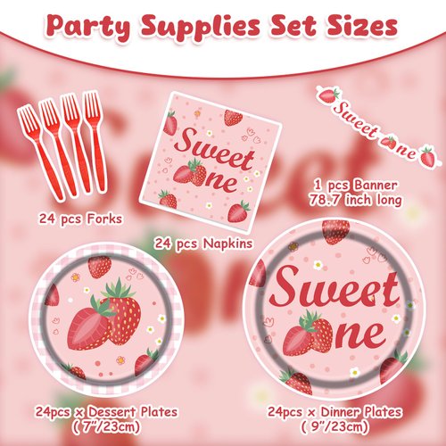 Strawberry Theme Party Kit for 24 Guests - 97 Pcs Including Plates, Forks, Napkins, Bunting - Juicy Fun for Kids' Strawberry-Themed Birthdays