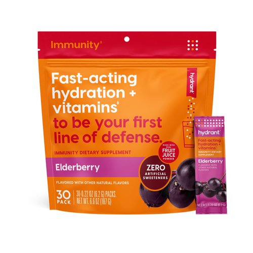 Hydrant Immunity, Individual Immune Hydration Powder Stick Packets with Vitamin C, Vitamin D, and Zinc for Electrolyte and Energy Support (Elderberry, 30 Count)