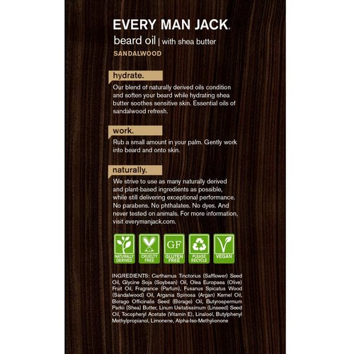Every Man Jack Sandalwood Scent Hydrating Beard Oil, Paraben Free, Natural, 1.0 Fluid Ounce (Pack of 1)