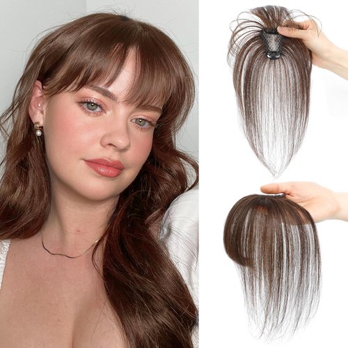 NAYOO Clip in Bangs 100% Real Human Hair Toppers Wispy Bangs 360°3D Cover Bangs Hair Clip Fake Bangs Hair Extensions for Women Hair Pieces Clip On Air Bangs for Daily Wear（Dark Brown）