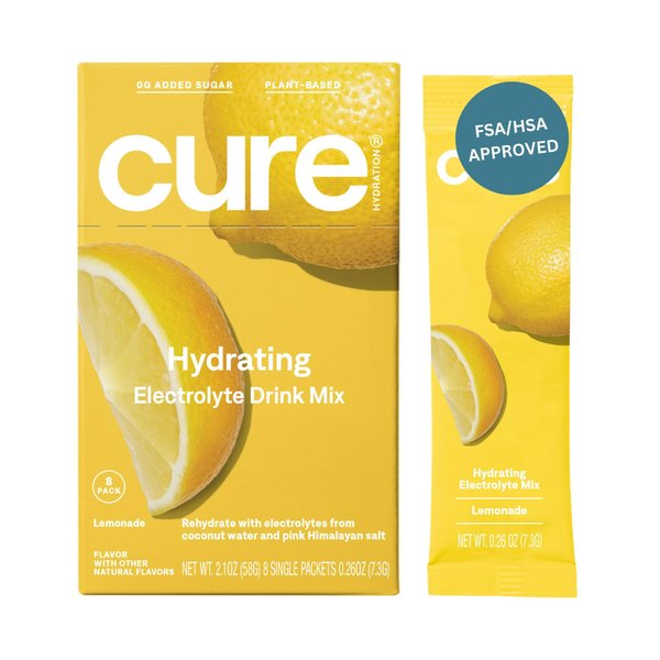 Cure Hydration | Plant-Based Electrolyte Drink Mix | No Added Sugar | Dehydration Relief Powder Made with Coconut Water | Non-GMO | Vegan | FSA & HSA | Box of 8 Packets - Lemonade