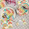 Retro Rainbow Themed Happy Birthday Party Supplies Set - Vibrant Disposable Paper Plates, Cups and Napkins - Fun & Colorful Design for Boys/Girls - For 16 Guests