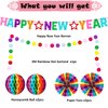 New Years Decorations 2025, Rainbow Glitter Happy New Year Banner Backdrop New Years Eve Party Supplies 2025 with Honeycomb Balls Paper Fans Paper Happy New Year Sign New Years Party Supplies Favors