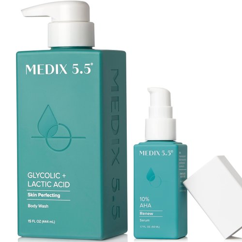 Medix 20% Glycolic Acid Booster + Exfoliating Body Wash Cleanser Skin Care 2PC Set | AHA Exfoliant Body Wash + Body Serum Both Refine + Soften Dead Dry Skin, Bumps, Wrinkles, & Fine Lines, Bundle