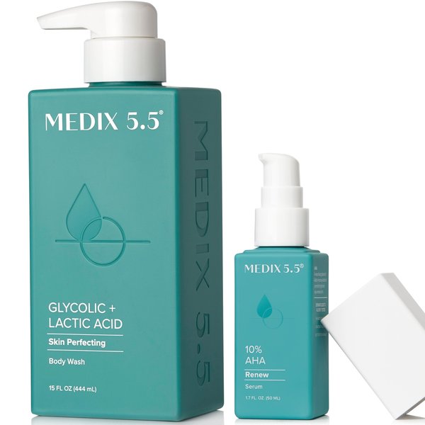 Medix 20% Glycolic Acid Booster + Exfoliating Body Wash Cleanser Skin Care 2PC Set | AHA Exfoliant Body Wash + Body Serum Both Refine + Soften Dead Dry Skin, Bumps, Wrinkles, & Fine Lines, Bundle