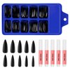 100pcs Black Long Stiletto Fake Nail Tips Full Cover Pure Color Artificial False Nails with 5pcs Nail Glues Acrylic Nail Art DIY Design (Black, Stiletto)