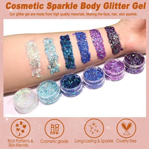 Boko 6pcs Body Glitter Gel, 60ML Total Mermaid Chunky Glitter Gel for Face Hair Body Glitter Makeup, Cosmetic Face Glitter Sequins for Halloween Christmas Concert Party Themed Rave Accessories