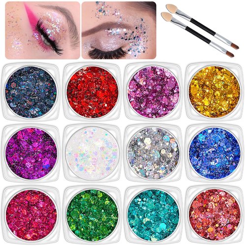 Yrarbil Body Glitter Face Glitter Gel, 12 Colors Holographic Sequins Makeup Festival Glitter Gel for Body, Face Eyeshadow, Nails and Hair, Comes with Two Brushes
