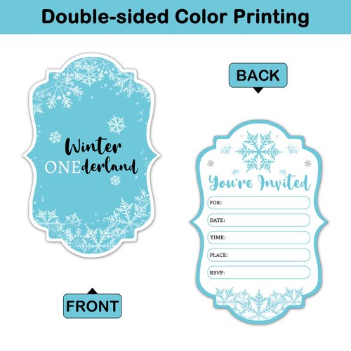 REWIDPARTY Winter Onederland Party Invitations with Envelopes & Stickers（Set of 15） Blue Snowflake Shaped Fill-in Invitations Boy 1st Birthday Party Invites Winter Wonderland Holiday Party Supplies