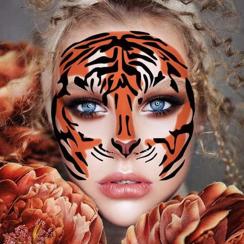 Halloween Tiger Face Temporary Tattoo Stickers - 5 Pack, 6.8 x 6.8 Inch, Cosplay Face Tattoos for Adults & Kids, Perfect for Halloween Party & Costume
