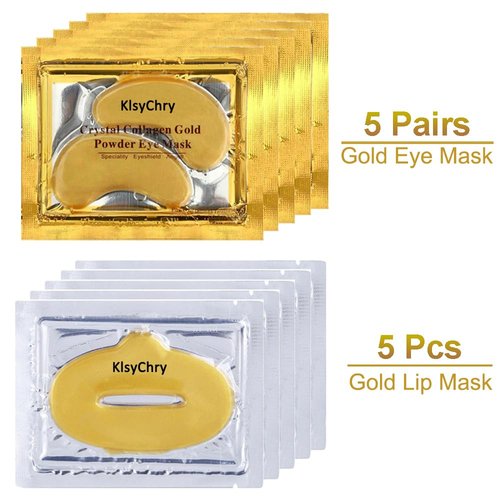 KlsyChry 24K Gold Gel Crystal Collagen Lip and Eye Mask, 5 Pairs Gold Eye Mask Patches and 5 Pcs Gold Lip Mask Pads for Moisturizing, Anti Wrinkle, Anti Aging, Hydrating Lips and Eyes