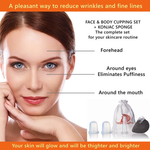 Facial Cupping Set for Face, Neck, and Body + Konjac Sponge - Silicone Face Cupping Set for Massage Therapy - Rejuvenating Facial Cups for Skin Care, Wrinkles, and Cellulite by DoSensePro