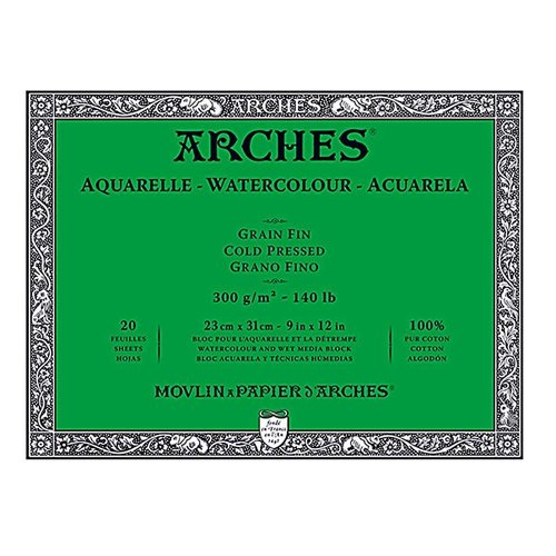 Arches Watercolor Block 9x12-inch Natural White 100% Cotton Paper - 20 Sheets of Arches Watercolor Paper 140 lb Cold Press - Arches Art Paper for Watercolor Gouache Ink Acrylic and More