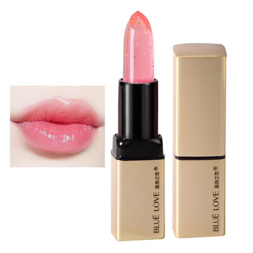 BLUE LOVE Gold Foil Color Changing Lipstick, Crystal Jelly Lipstick, Long Lasting Nutritious Lip Balm Lips Moisturizer Temperature Color Change Lip Gloss Clear Color Jelly Lipstick (Peach Pink)