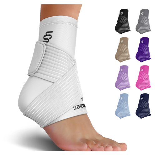 Sleeve Stars Ankle Brace for Sprained Ankle, Plantar Fasciitis Relief Ankle Support for Women, Ankle Compression Sleeve w/ Strap (Pair/White)