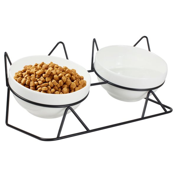 Elevated Tilted Cat Bowls for Indoor Cats，Raised Ceramic Cat Bowl Elevated 15°,Pet Feeding Bowls for Food and Water Anti Vomiting Bowl(Double Ceramics Bowls and Tilt Shelf) Suitable for All Cat Sizes