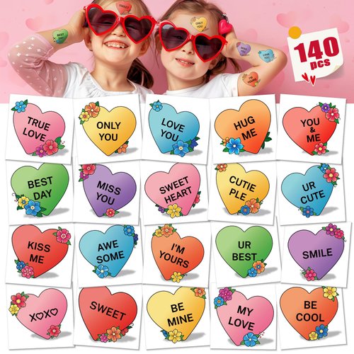 Cerlaza 140 Pcs Valentines Day Temporary Tattoos Kids Adult, 20 Styles Individually Wrapped Colorful Heart Tattoo Valentine Stickers, Love tattoos for Valentine's Day Party Decoration Accessories