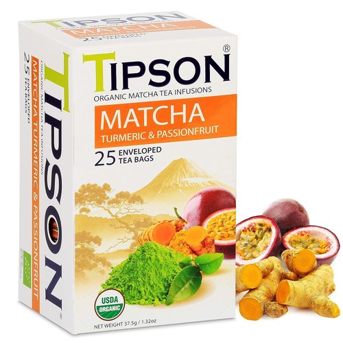 Tipson Organic Matcha Tea Infusions - Matcha Turmeric and Passion Fruit Flavor - Non GMO and Gluten Free - 25 Premium Tea Bags (Pack of 1)