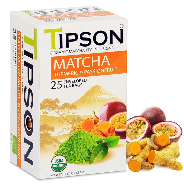Tipson Organic Matcha Tea Infusions - Matcha Turmeric and Passion Fruit Flavor - Non GMO and Gluten Free - 25 Premium Tea Bags (Pack of 1)