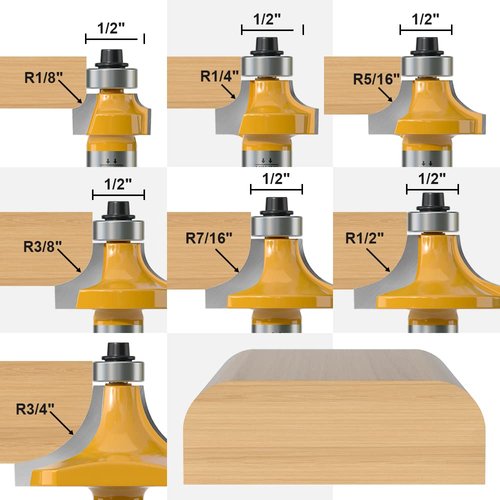 FivePears 7 PCS Roundover Router Bits Set 1/2 Inch Shank, Round Over Router Bits for Edging Forming, Including 1/8", 1/4", 5/16", 3/8", 7/16", 1/2", 3/4" Radius Rounding Router Bits