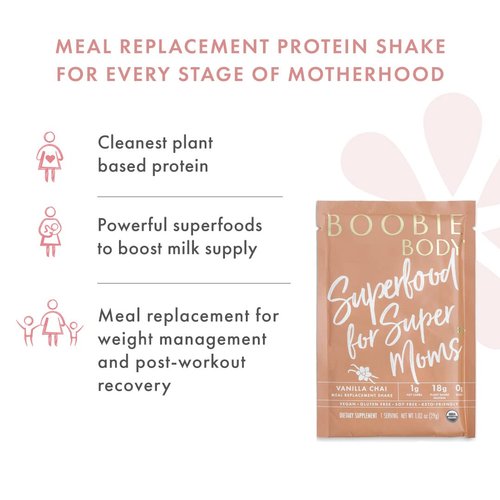 Boobie Body Superfood Protein Shake for Moms, Pregnancy Protein Powder, Lactation Support to Increase Milk Supply, Probiotics, Organic, Diary-Free, Gluten-Free, Vegan - Vanilla Chai (1.02oz Single Serve Packet, Pack of 10)