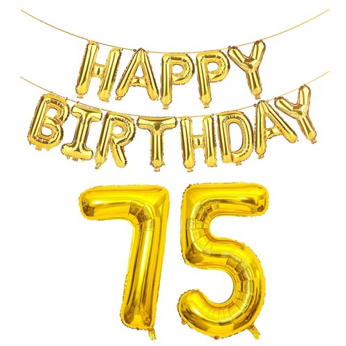 SHUNTAI 75 Balloon Numbers Gold Jumbo Number 57 Foil Mylar Balloons with Happy Birthday Letter Balloons Banner 75th Birthday Decorations for Men Women 75 Years Old Anniversary Party Events Supplies