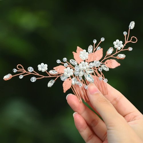 Heread Leaf Bride Wedding Hair Comb Crystal Bridal Hair Accessories Pearl Hair Piece for Women and Girls (B Rose Gold)