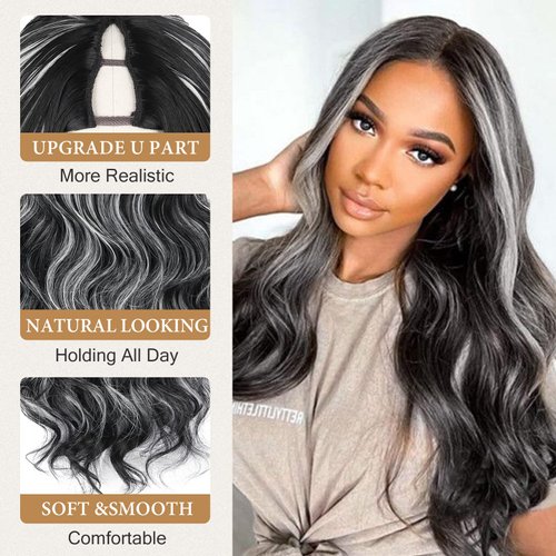 LEOSA Long Body Wavy Balck& Grey V Part Synthetic Wig For Black Women Highlight Full Head Clip In Hair Extensions Long Body Wave Wig for Women Synthetic Hair Replacement Wig (24Inch, Black&Grey#)