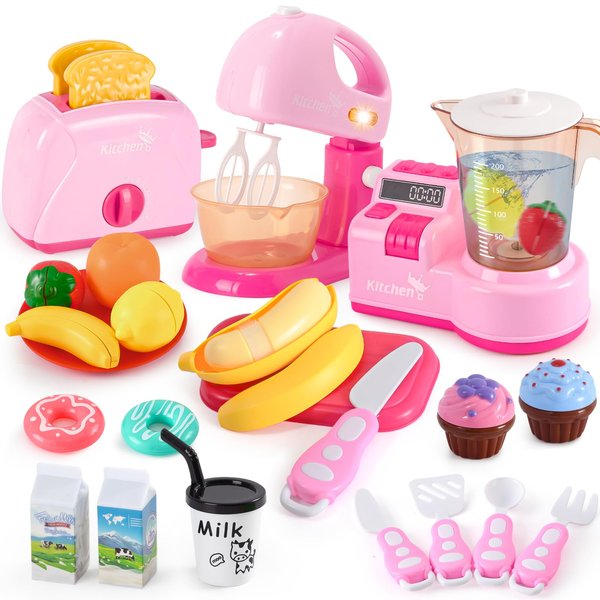 Golray Play Kitchen Appliances Toy for Kid, Electric Toaster Mixer Blender with Light&Sound, Cutting Play Food, Pretend Kitchen Accessories, Kitchen Toy Toddler Birthday Gift for Boy Girl 3 4-8 Year
