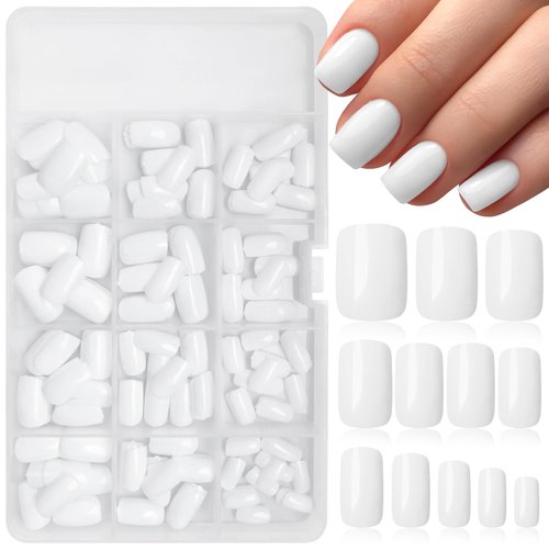 LoveOurHome 240pc Square Press on Nails Short Fake Nails White Glue on Nail Short Acrylic Nails Press ons Nail Tips Full Cover False Nail Square Artificial Fingernail & Adhesive Tabs for Women Girls