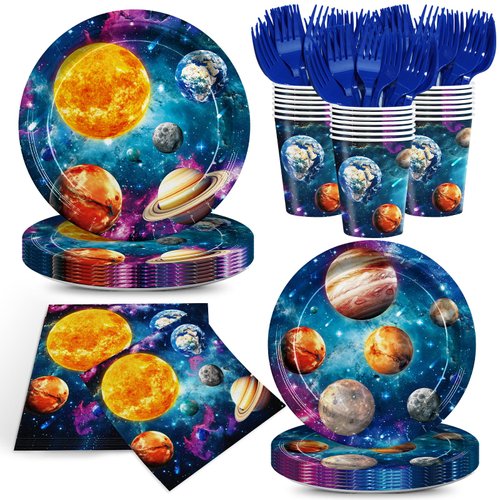 Detanpoly 120pcs Outer Space Party Plates Napkins Space Birthday Party Supplies Galaxy Paper Party Supplies for Boy Girl Space Birthday Party Serve 24 Guests