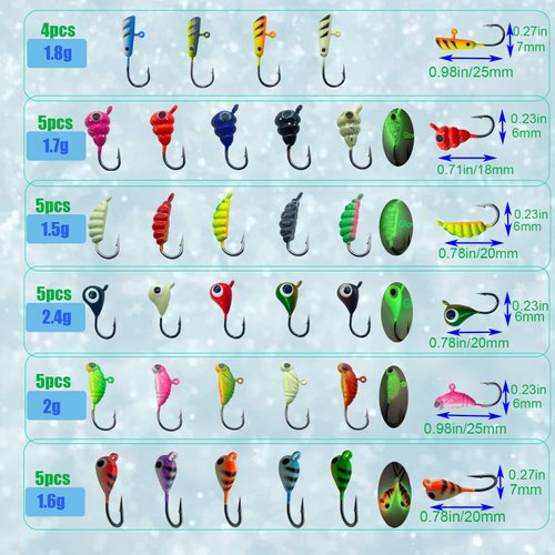 24Pcs Ice Fishing Jigs for Panfish Crappie Sunfish Walleye Ice Fishing Jig Box Gear Accessories Ice Fishing Tackle Box Set (29PCS)