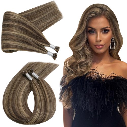 Ugeat 22 Inch I Tip Hair Extensions Human Hair #P4/27 Dark Brown Highlight with Caramel Blonde Itip Human Hair Extensions Itip Hair Extensions Human Hair 50s