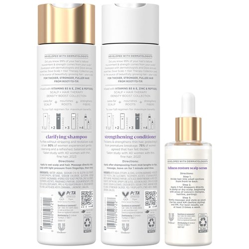 Dove Scalp + Hair Therapy Set – Clarifying Shampoo, Strengthening Conditioner + Fullness Restore Scalp Serum for Volumizing & Reviving Fine Hair (3 Piece Set)