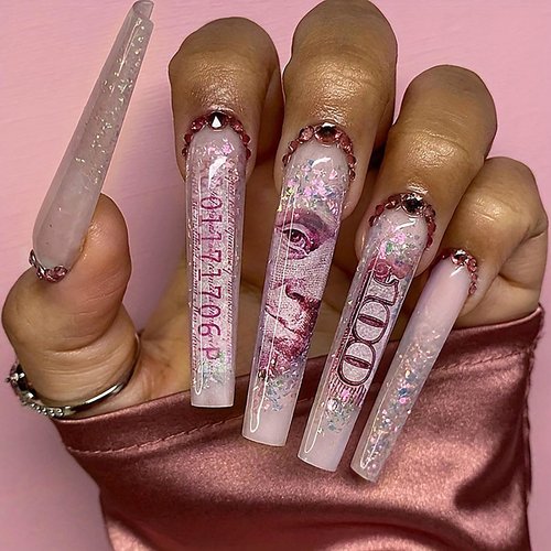 QQPPOLIU Xl Press on Nails Square Shape Nude Fake Nails with Rhinestones Design False Nails Glitter Press on Nails Extra Long Nails Money Patterns Full Cover Acrylic Nails 24 Pcs