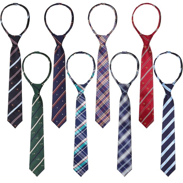 8 Pcs Ties for Kids Boys Necktie Zipper Adjustable Boys Stripe Tie for Kids Formal Wedding Graduation School Uniforms, 15.35 Inch