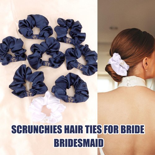 CIEHER 8 Pcs Hair Scrunchies for Bachelorette Party Favors, White Hair Scrunchie for Bride Pink Bridesmaid Scrunchies Hair Ties, Bridal Shower Bride Bridesmaid Proposal Gifts (White & Dark Blue)