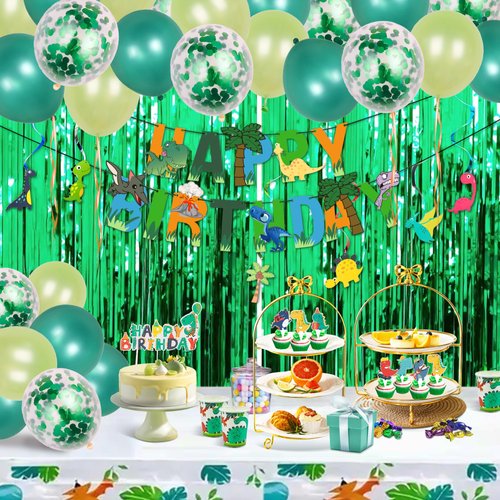 Dinosaur Party Decorations Dino Birthday Supplies Dinosaur Balloons Happy Birthday Banner Hanging Swirls Green Backdrop Curtains Tablecloths Cupcake Toppers Stickers for Baby Showers LilyZheng