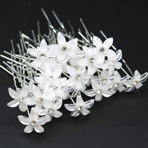 30 PCS Bride Wedding Hair Pins White Flower Bridal Head Clip Crystal Rhinestone Hair Barrettes U-Shape Hair Clips Hair Accessories for Bridal Wedding Women