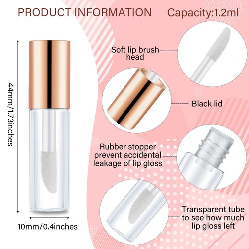 100 Pieces 1.2 ml Clear Mini Lip Gloss Tube Refillable Empty Lip Balm Gloss Containers Bottles Transparent Mini Lipstick Containers for Women Girls DIY Makeup (Rose Gold)