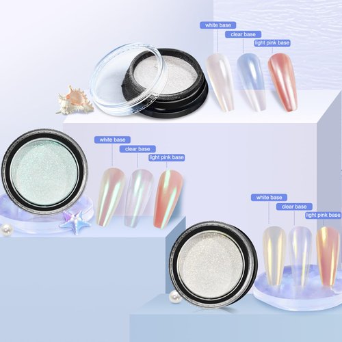 White Pearl Chrome Nail Powder, 3 Colors Aurora Ice Transparent Chrome Powder for Nails, Glazed Donut Pearlescent Magic White Nail Powder Mirror Effect Pigment Glitter for Nail Art