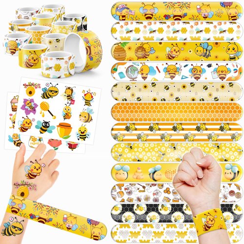 48PCS Bee Party Favors 24PCS Tattoos 24PCS Slap Bracelets Wristbands Themed Birthdays Party Supplies Decorations Decor Honey Bee Day Pattern Girl Gifts School Classroom Prize Baby Shower