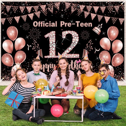12th Birthday Decorations for Girls Rose Gold Official Pre-Teen 12th Birthday Backdrop Banner 12th Years Old Birthday Part Supplies for 12th Birthday Party Decorations