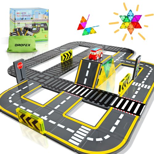 Drofex Upgraded Magnetic Tiles Road & Train Dual-Sided Expansion Pack, Magnetic Building Blocks Construction Toys for 3+Year Old Boys Girls, Kids Toys Montessori Toys for Toddler, STEM Learning Gifts