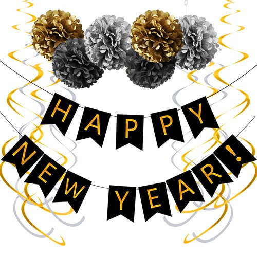 Saliyaa Gold &amp; Black Happy New Year Banner for 2025 New Years Eve Party Supplies,Farewell 2024 He...