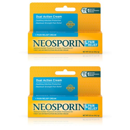 Neosporin + Maximum-Strength Pain Relief Dual Action Cream, First Aid Topical Antibiotic & Analgesic Cream for Wound Care of Minor Cuts, Scrapes & Burns, Polymyxin B & Pramoxine HCl,.5 oz