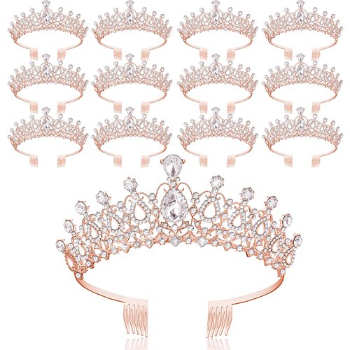 Loetere 12 Pcs Crystal Tiara and Princess Crown with Comb Crown Rhinestone Women Girls Tiara Headpiece Queen Hair Accessories for Birthday Party Wedding Prom Halloween Cosplay Costume(Rose Gold)