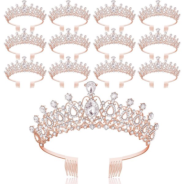 Loetere 12 Pcs Crystal Tiara and Princess Crown with Comb Crown Rhinestone Women Girls Tiara Headpiece Queen Hair Accessories for Birthday Party Wedding Prom Halloween Cosplay Costume(Rose Gold)