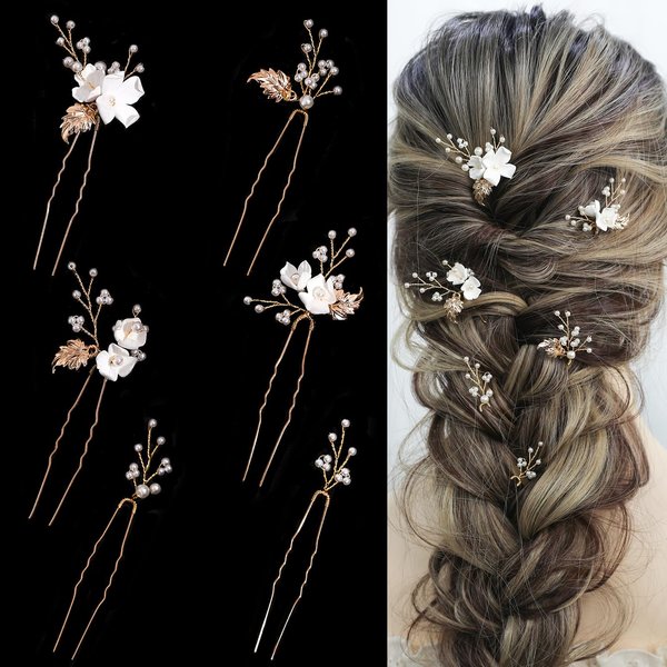 SELFCLOUD Handmade Pearl Bridal Wedding Hair Pins, 6Pcs White Flower Gold Leaf Pearls Clips Headpiece Accessories Jewelry for Bridesmaids Party Piece Women and Girls Blossoms
