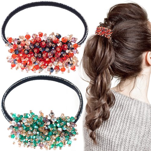 PAGOW 2pcs Crystal Elastic Hair Tie, Rhinestone Crystal Ponytail Holder, Elastic Scrunchies Hair Bands, Hair Accessories for Women and Girls (Color: Green and Red)